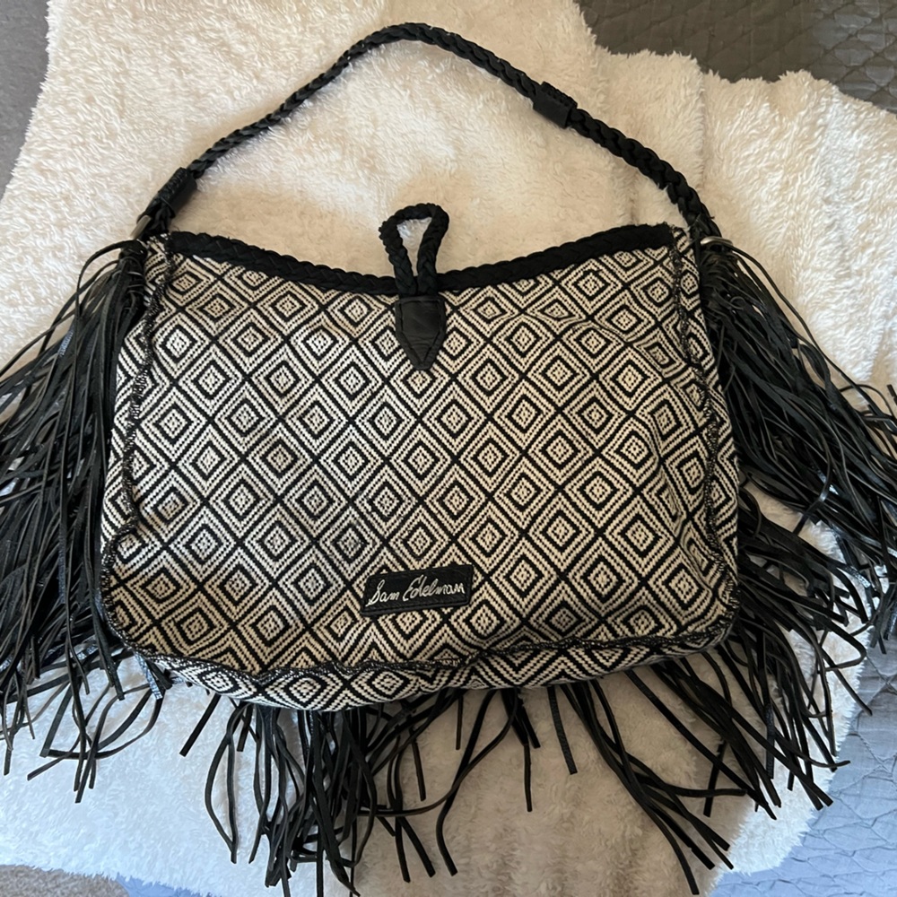 Sam Edelman Geometric Black and White Fringe Bag